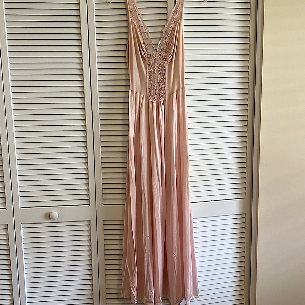 Vintage Pink lace V neck long Olga type nightgown